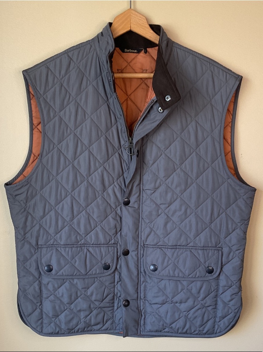 Barbour Quilted Gray/Taupe Men's Vest with Burnt Orange Lining Size XXL